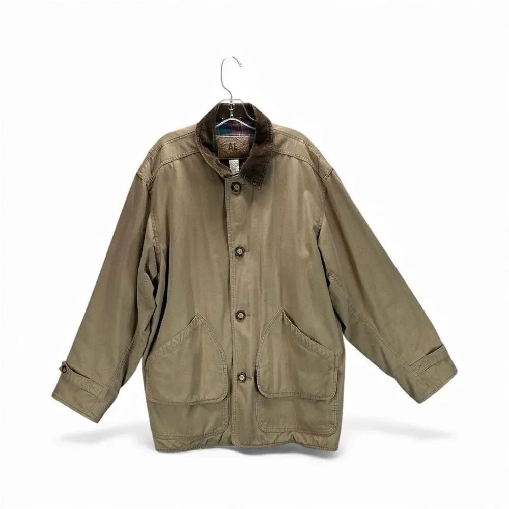 AE Men’s Barn Chore Jacket Tan Canvas, Corduroy Collar, Plaid Lined, Workwear L